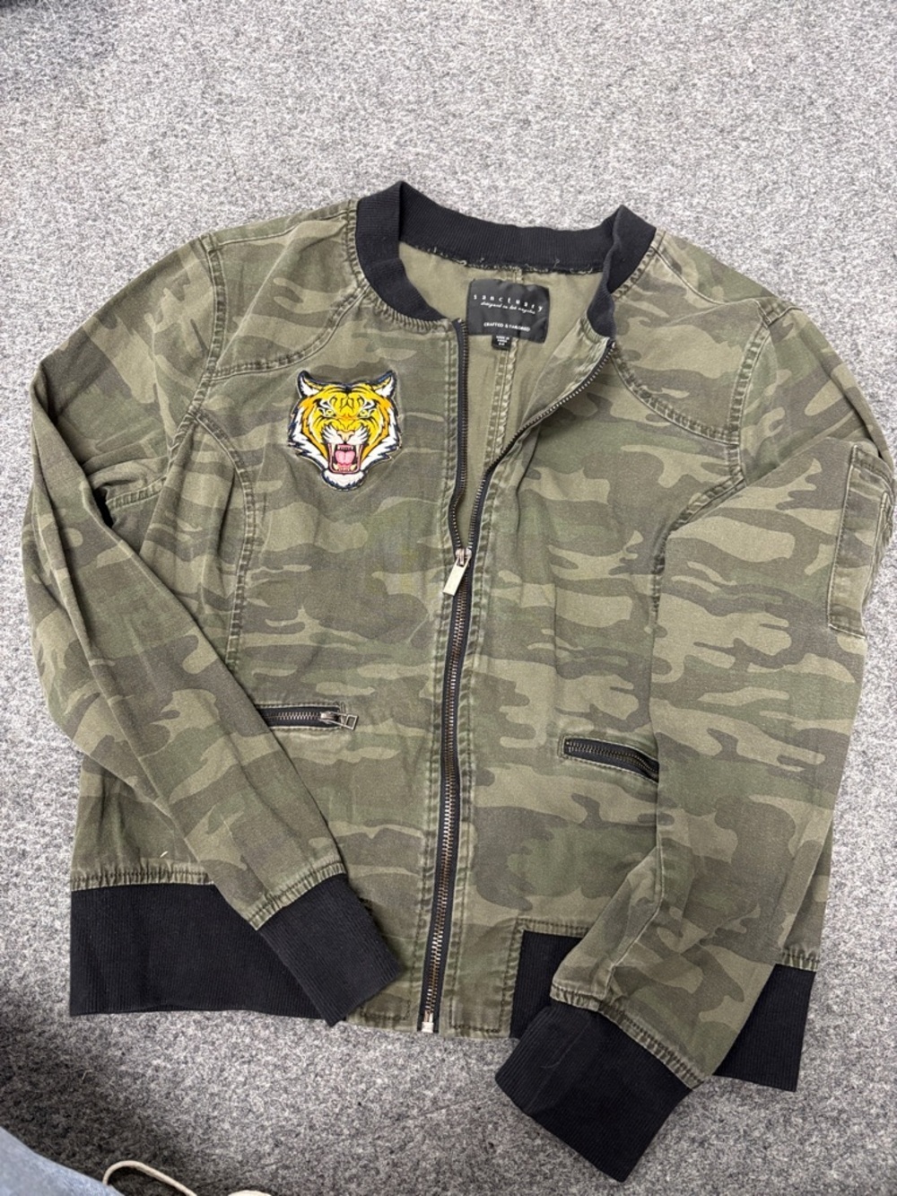 Sanctuary Olive Camo Bomber Jacket with Tiger Patch